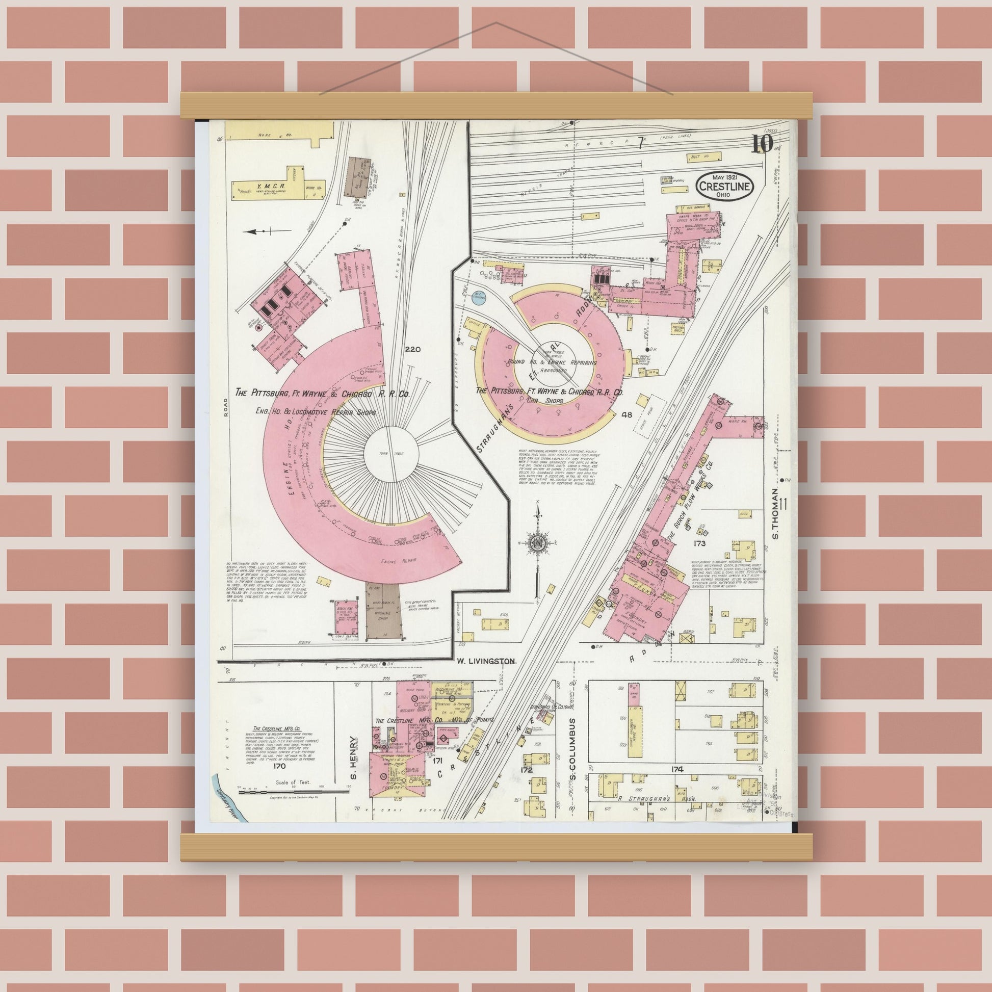 Old map wall art mockup — magnetic wood frame on brick wall — Sanborn Fire Insurance Map from Crestline, Crawford County, Ohio (1921), Sheet #0010