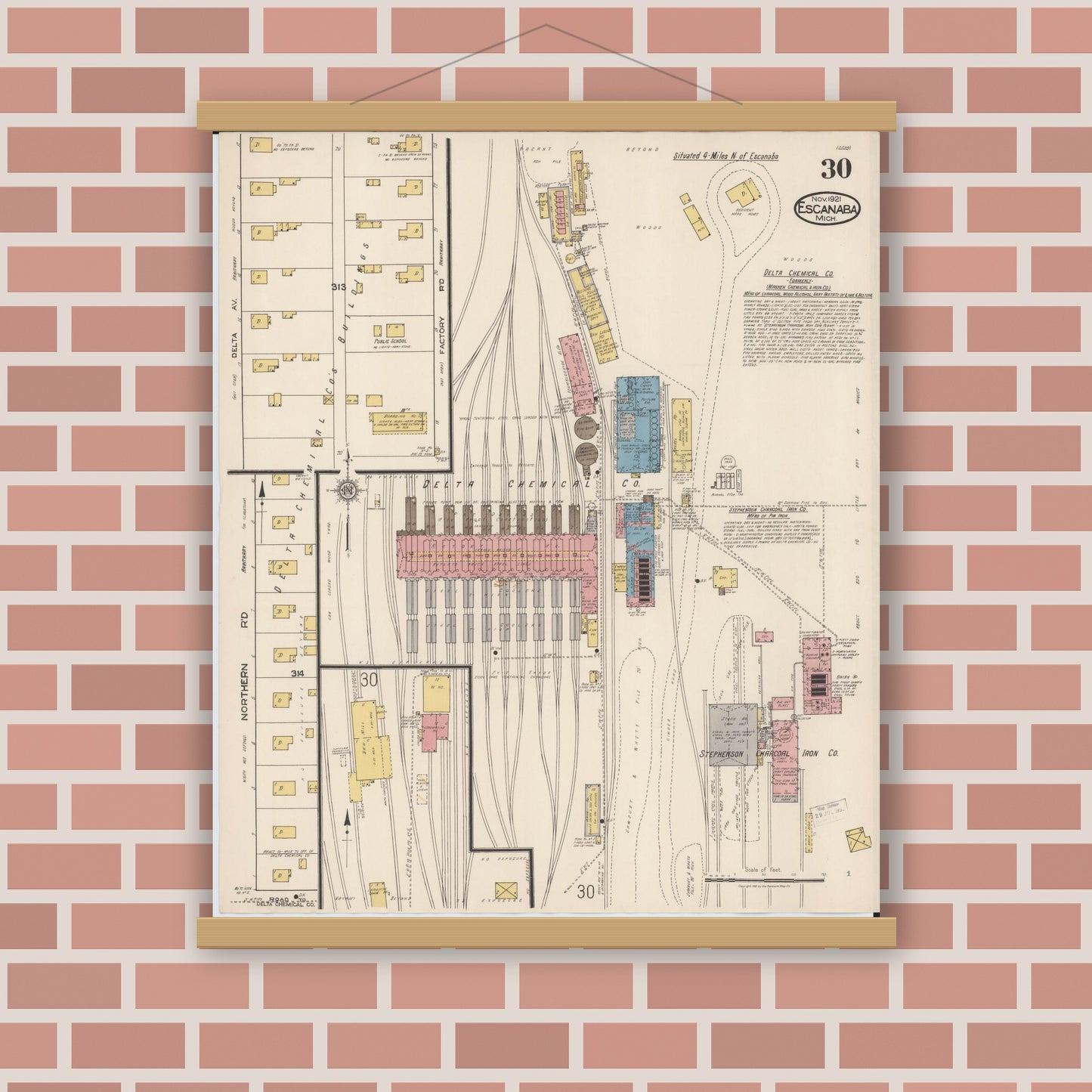 Old map wall art mockup — magnetic wood frame on brick wall — Sanborn Fire Insurance Map from Escanaba, Delta County, Michigan (1921), Sheet #0030