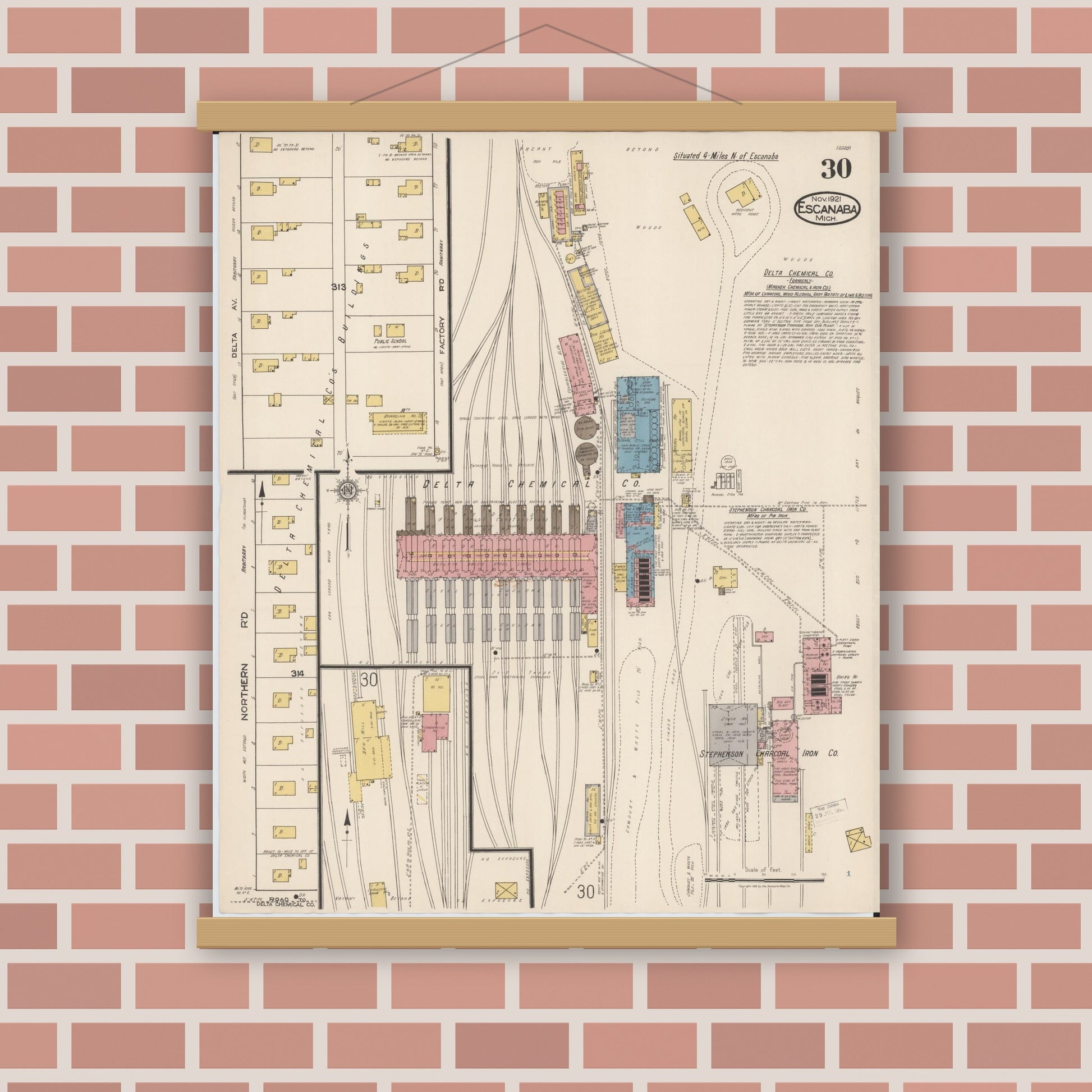 Old map wall art mockup — magnetic wood frame on brick wall — Sanborn Fire Insurance Map from Escanaba, Delta County, Michigan (1921), Sheet #0030