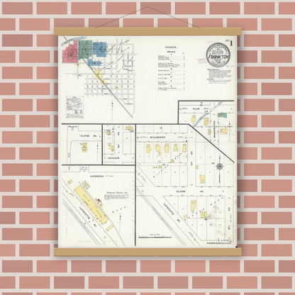 Old map wall art mockup — magnetic wood frame on brick wall — Sanborn Fire Insurance Map from Frankton, Madison County, Indiana (1909) - Complete Map Set