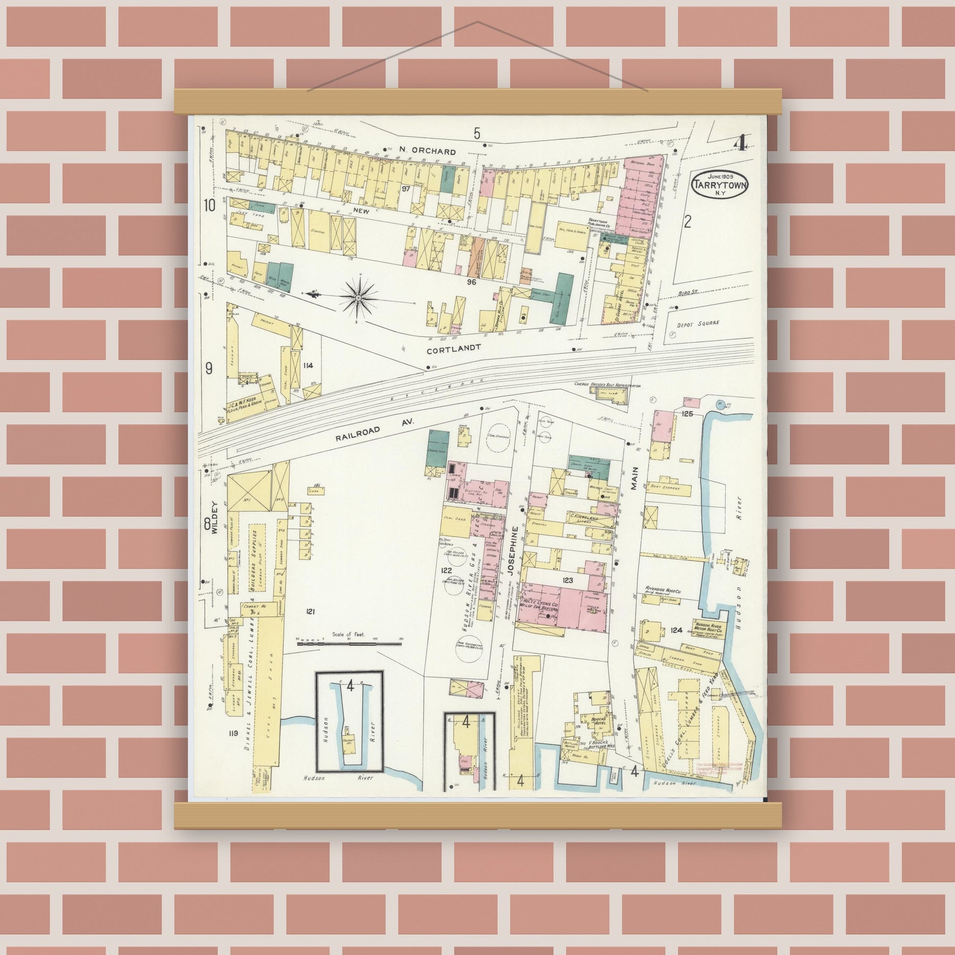 Old map wall art mockup — magnetic wood frame on brick wall — Sanborn Fire Insurance Map from Tarrytown, Westchester County, New York (1909), Sheet #0004