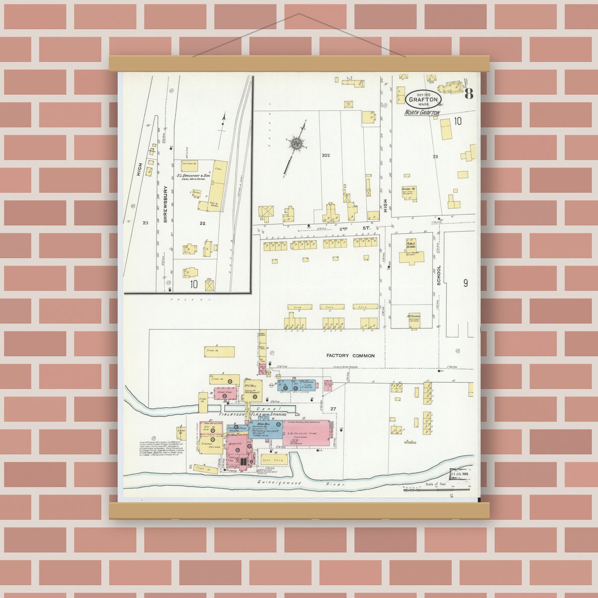 Old map wall art mockup — magnetic wood frame on brick wall — Sanborn Fire Insurance Map from Grafton, Worcester County, Massachusetts (1910), Sheet #0008