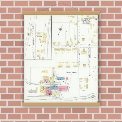 Old map wall art mockup — magnetic wood frame on brick wall — Sanborn Fire Insurance Map from Grafton, Worcester County, Massachusetts (1910), Sheet #0008