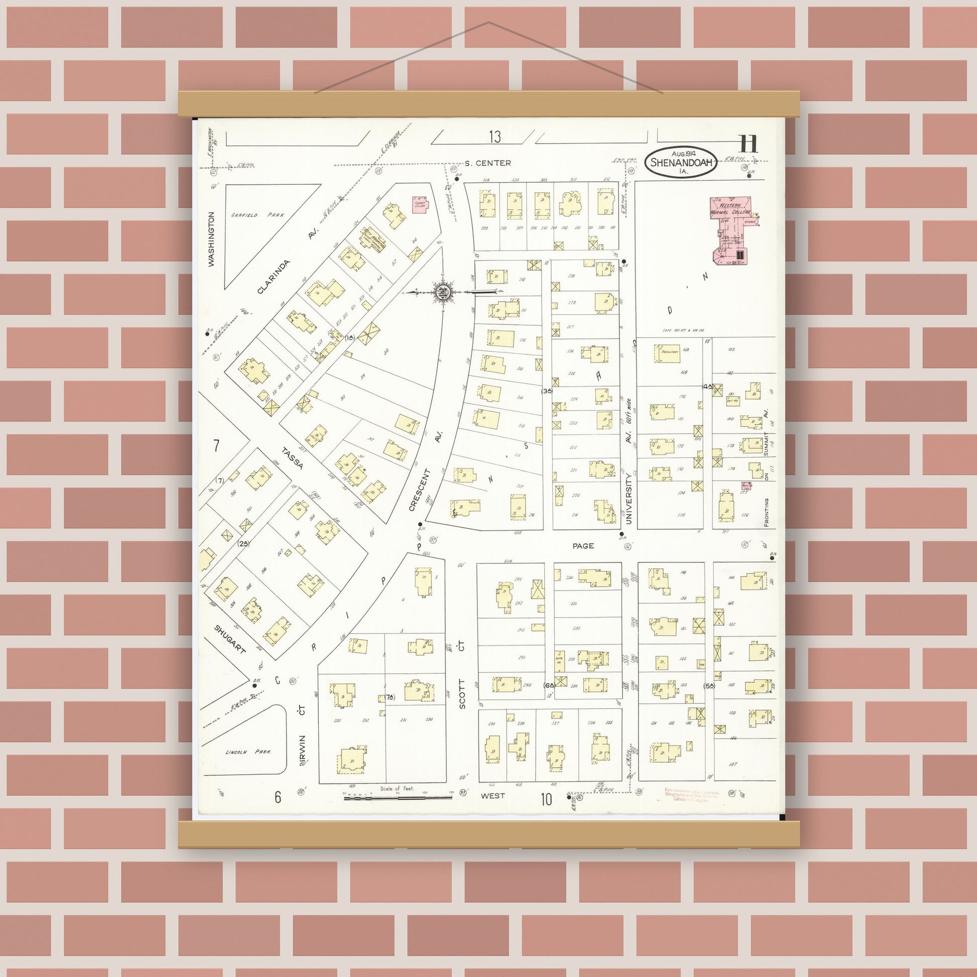 Old map wall art mockup — magnetic wood frame on brick wall — Sanborn Fire Insurance Map from Shenandoah, Page County, Iowa (1914), Sheet #0011