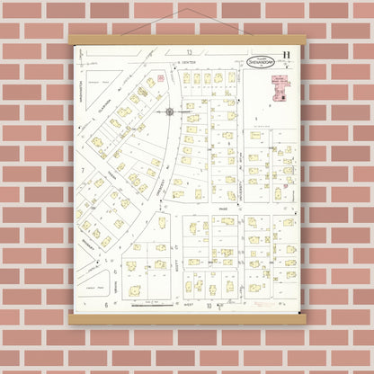 Old map wall art mockup — magnetic wood frame on brick wall — Sanborn Fire Insurance Map from Shenandoah, Page County, Iowa (1914), Sheet #0011