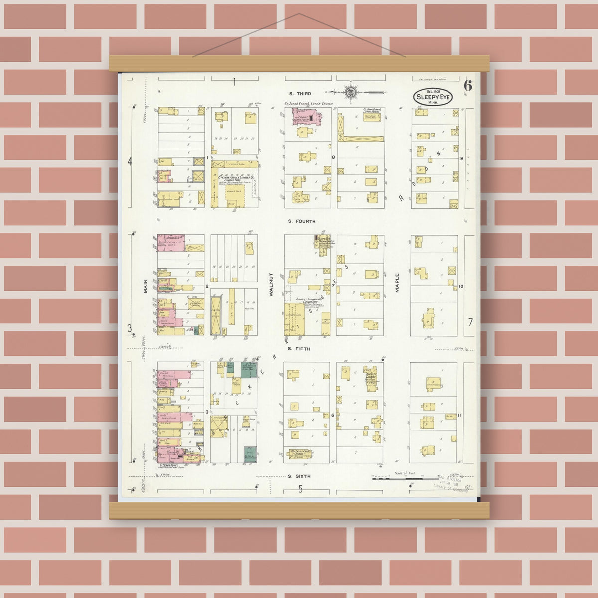 Old map wall art mockup — magnetic wood frame on brick wall — Sanborn Fire Insurance Map from Sleepy Eye, Brown County, Minnesota (1909), Sheet #0006