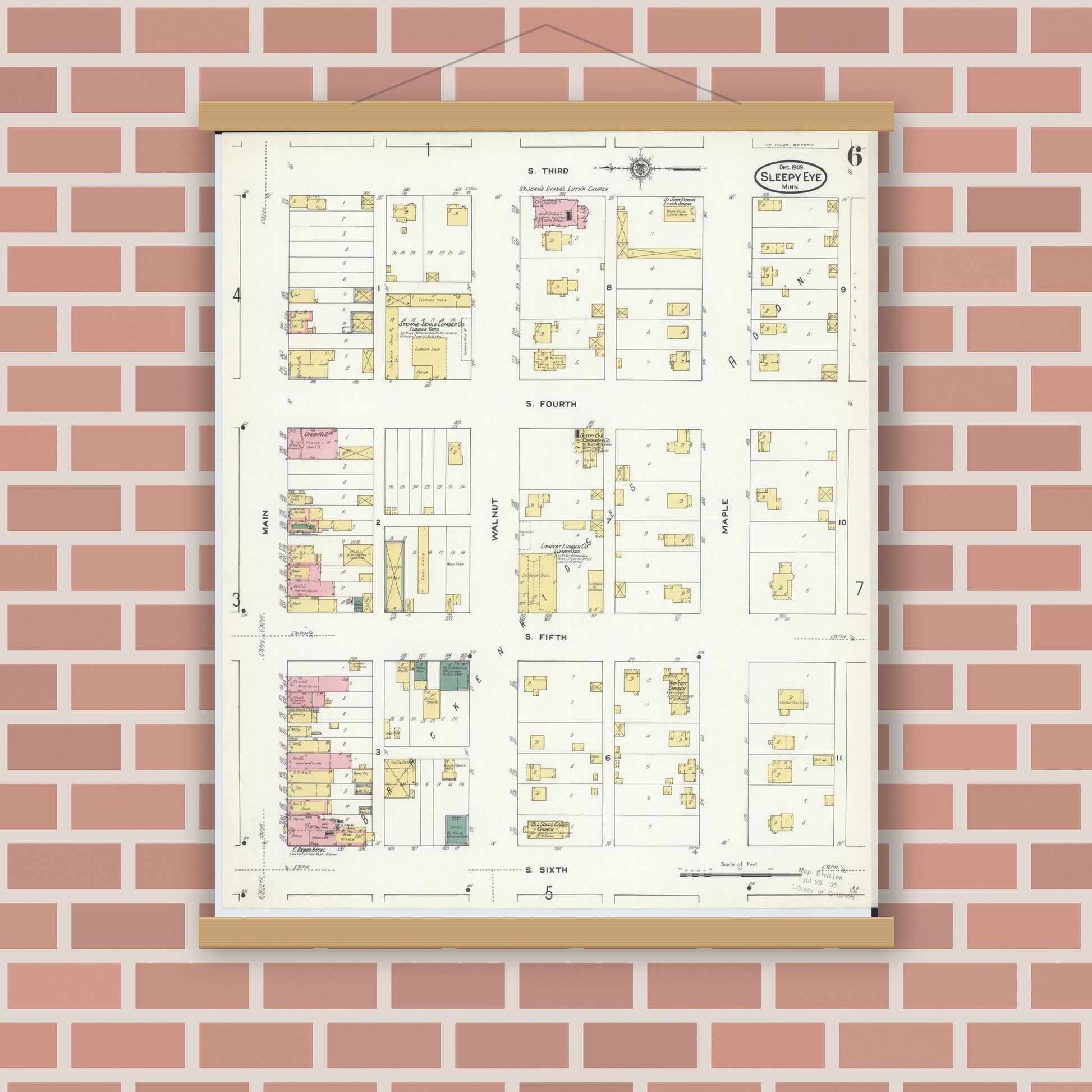 Old map wall art mockup — magnetic wood frame on brick wall — Sanborn Fire Insurance Map from Sleepy Eye, Brown County, Minnesota (1909), Sheet #0006