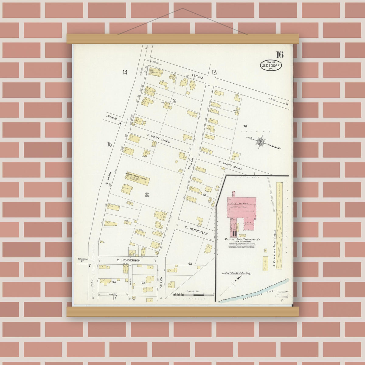 Old map wall art mockup — magnetic wood frame on brick wall — Sanborn Fire Insurance Map from Old Forge, Lackawanna County, Pennsylvania (1914), Sheet #0016