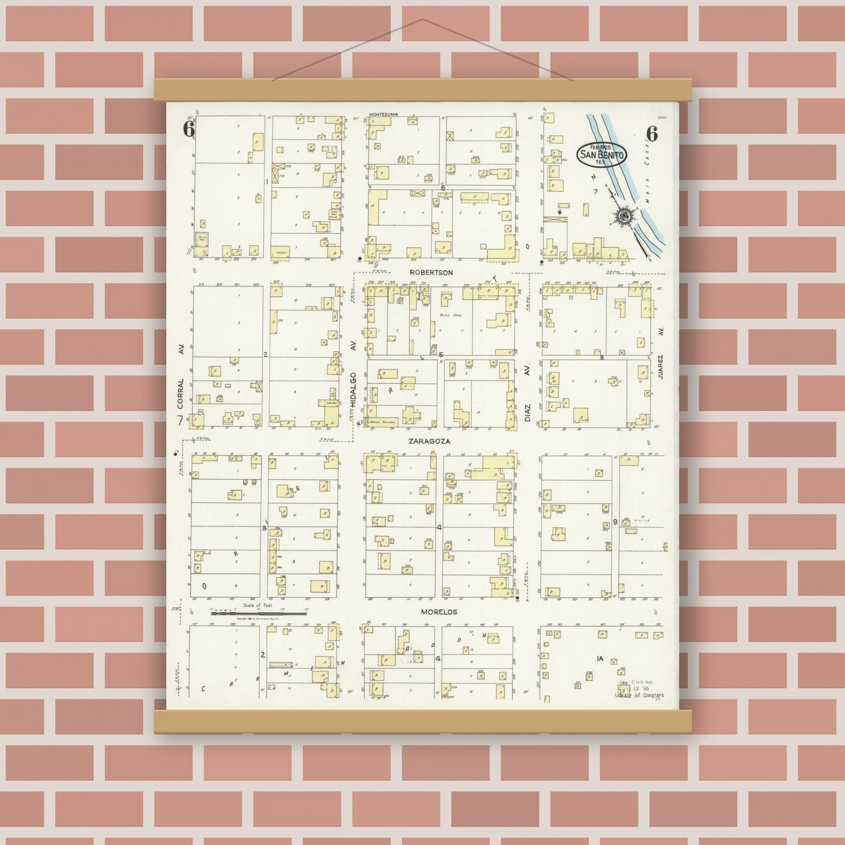 Old map wall art mockup — magnetic wood frame on brick wall — Sanborn Fire Insurance Map from San Benito, Cameron County, Texas (1925), Sheet #0006