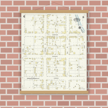 Old map wall art mockup — magnetic wood frame on brick wall — Sanborn Fire Insurance Map from San Benito, Cameron County, Texas (1925), Sheet #0006
