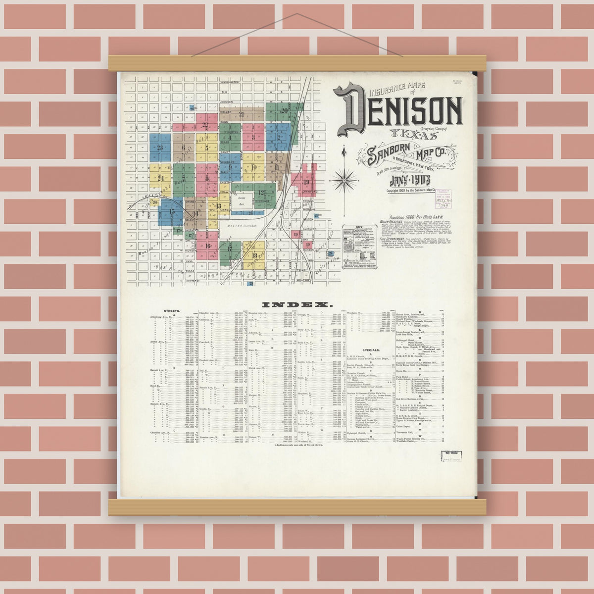 Old map wall art mockup — magnetic wood frame on brick wall — Sanborn Fire Insurance Map from Denison, Grayson County, Texas (1903) - Complete Map Set