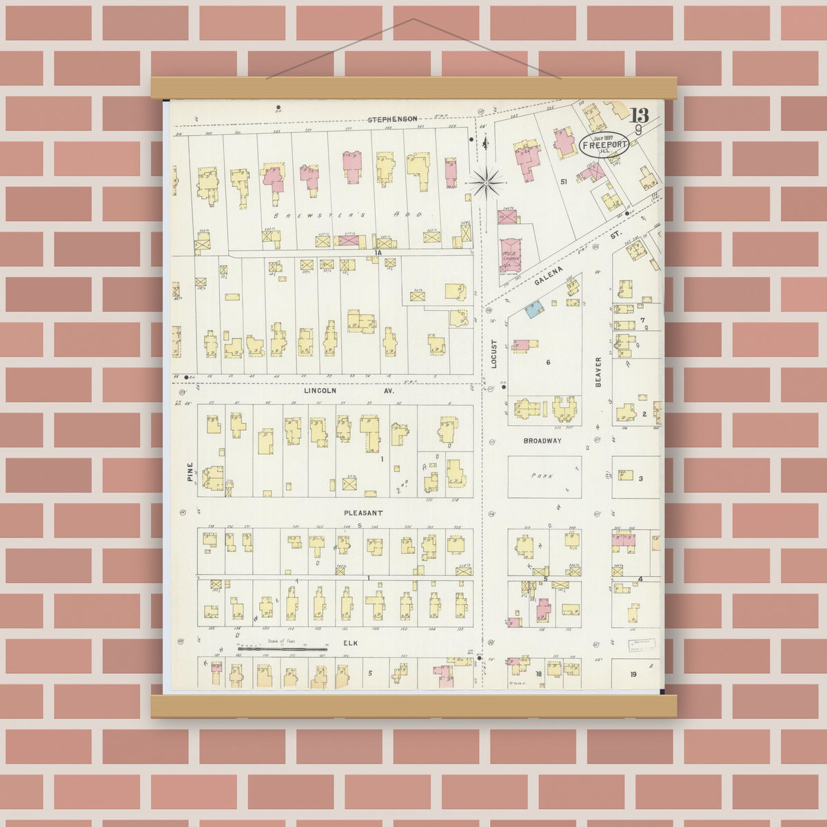 Old map wall art mockup — magnetic wood frame on brick wall — Sanborn Fire Insurance Map from Freeport, Stephenson County, Illinois (1897), Sheet #0013