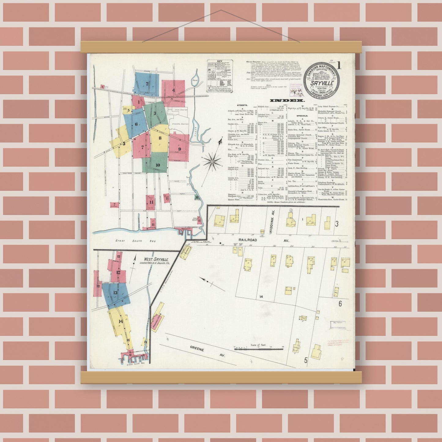Old map wall art mockup — magnetic wood frame on brick wall — Sanborn Fire Insurance Map from Sayville, Suffolk County, New York (1909), Sheet #0001