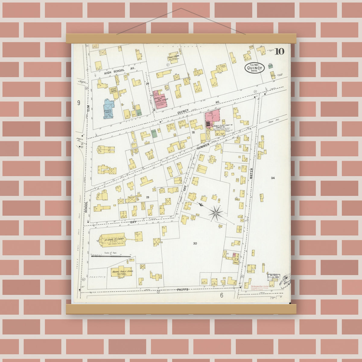 Old map wall art mockup — magnetic wood frame on brick wall — Sanborn Fire Insurance Map from Quincy, Norfolk County, Massachusetts (1901), Sheet #0010