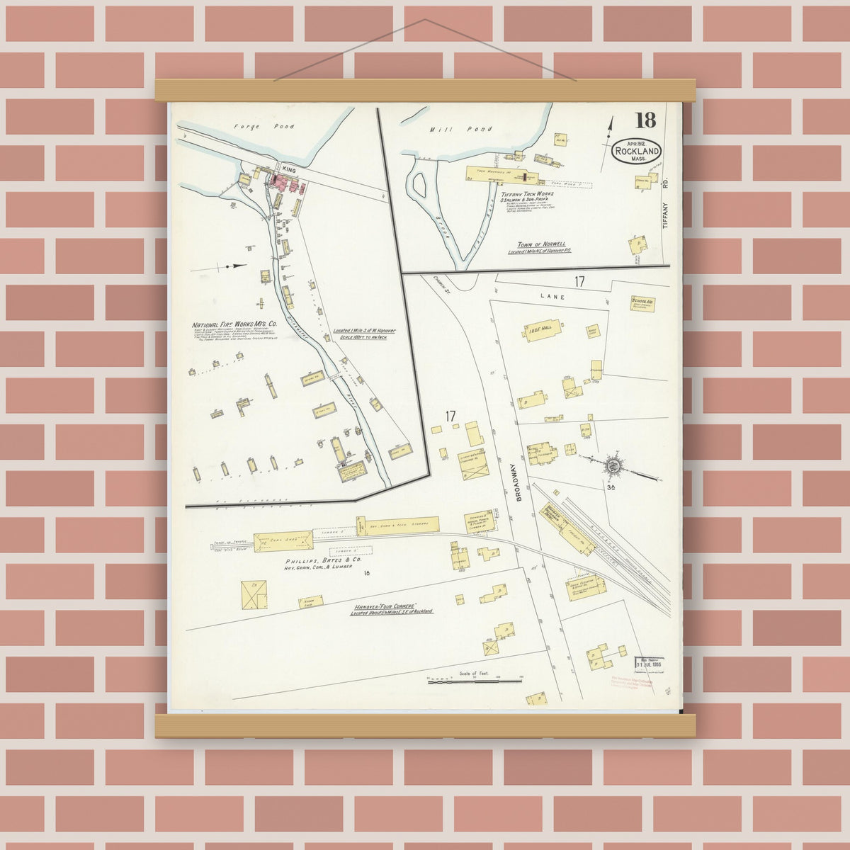 Old map wall art mockup — magnetic wood frame on brick wall — Sanborn Fire Insurance Map from Rockland, Plymouth County, Massachusetts (1912), Sheet #0018