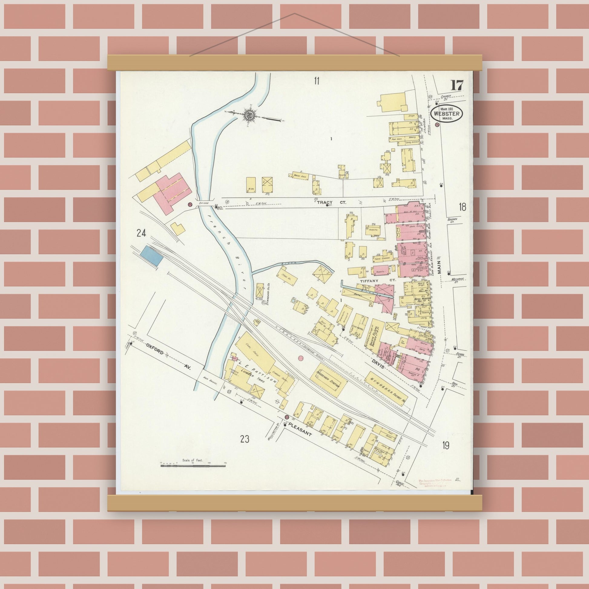Old map wall art mockup — magnetic wood frame on brick wall — Sanborn Fire Insurance Map from Webster, Worcester County, Massachusetts (1911), Sheet #0017