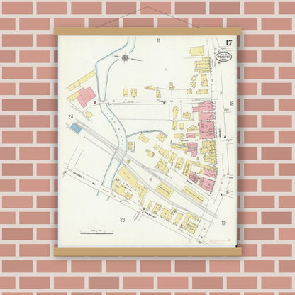 Old map wall art mockup — magnetic wood frame on brick wall — Sanborn Fire Insurance Map from Webster, Worcester County, Massachusetts (1911), Sheet #0017