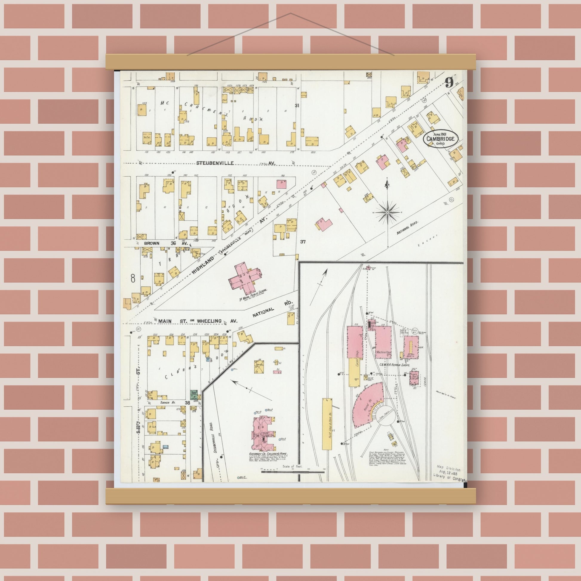 Old map wall art mockup — magnetic wood frame on brick wall — Sanborn Fire Insurance Map from Cambridge, Guernsey County, Ohio (1901), Sheet #0009