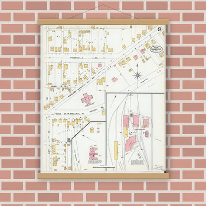 Old map wall art mockup — magnetic wood frame on brick wall — Sanborn Fire Insurance Map from Cambridge, Guernsey County, Ohio (1901), Sheet #0009