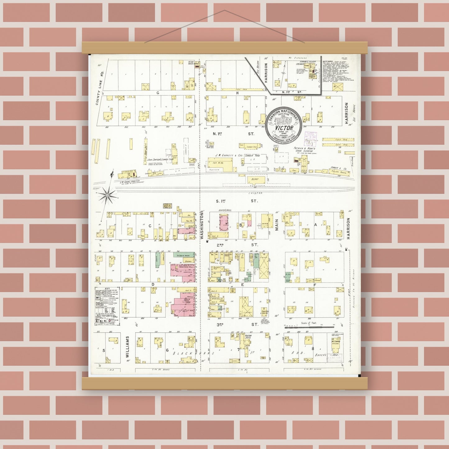 Old map wall art mockup — magnetic wood frame on brick wall — Sanborn Fire Insurance Map from Victor, Iowa County, Iowa (1902), Sheet #0001