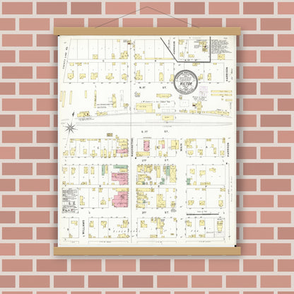 Old map wall art mockup — magnetic wood frame on brick wall — Sanborn Fire Insurance Map from Victor, Iowa County, Iowa (1902), Sheet #0001