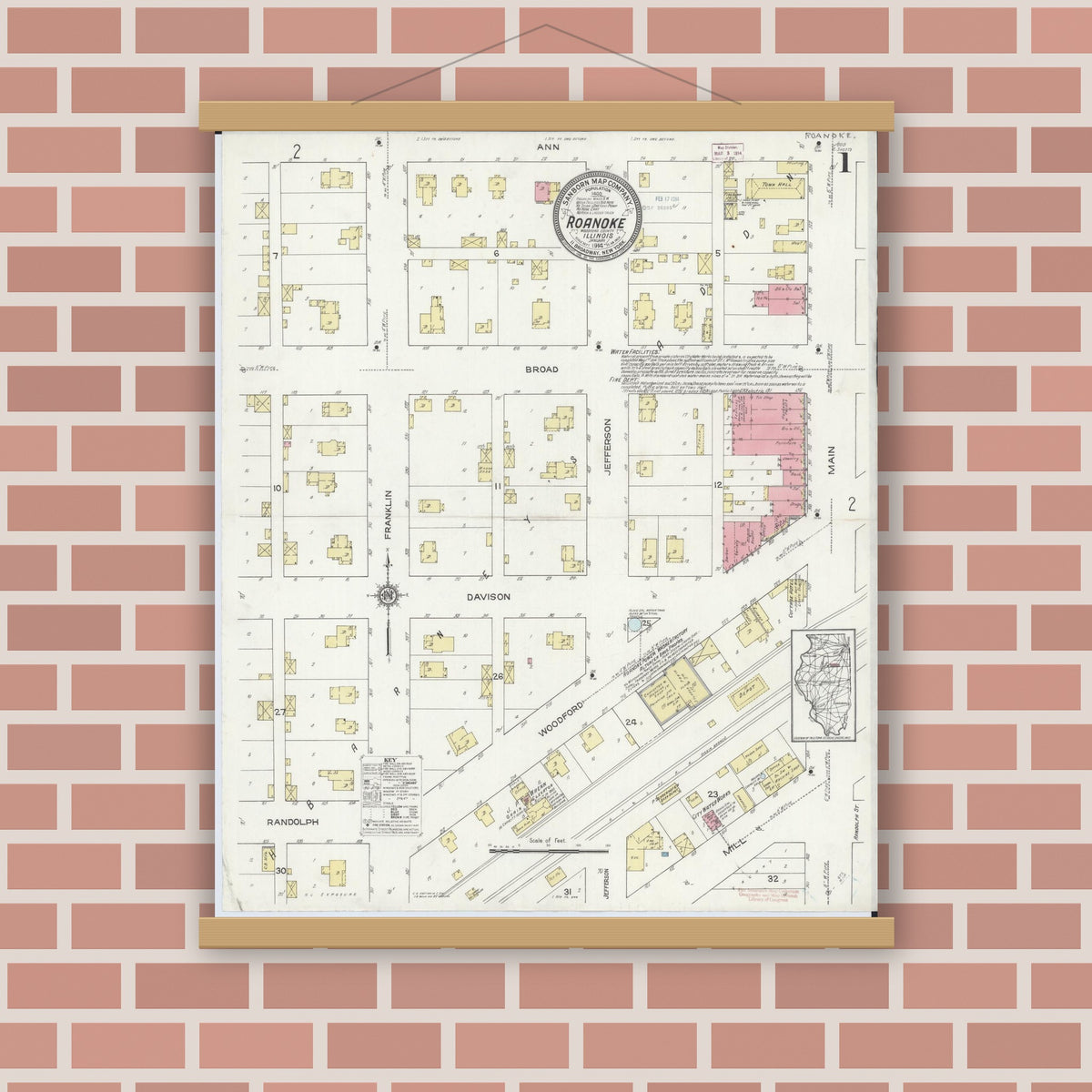 Old map wall art mockup — magnetic wood frame on brick wall — Sanborn Fire Insurance Map from Roanoke, Woodford County, Illinois (1914), Sheet #0001