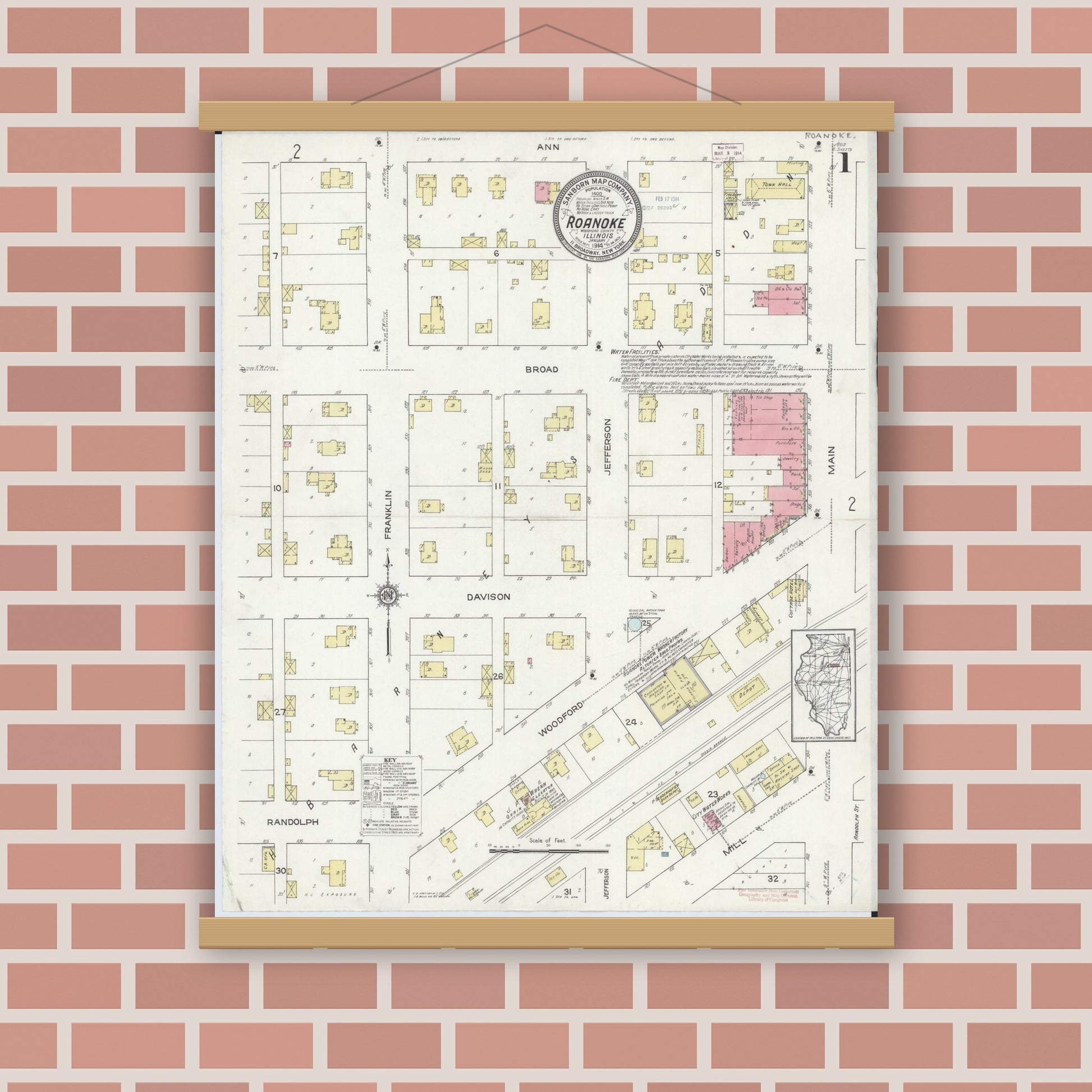 Old map wall art mockup — magnetic wood frame on brick wall — Sanborn Fire Insurance Map from Roanoke, Woodford County, Illinois (1914), Sheet #0001