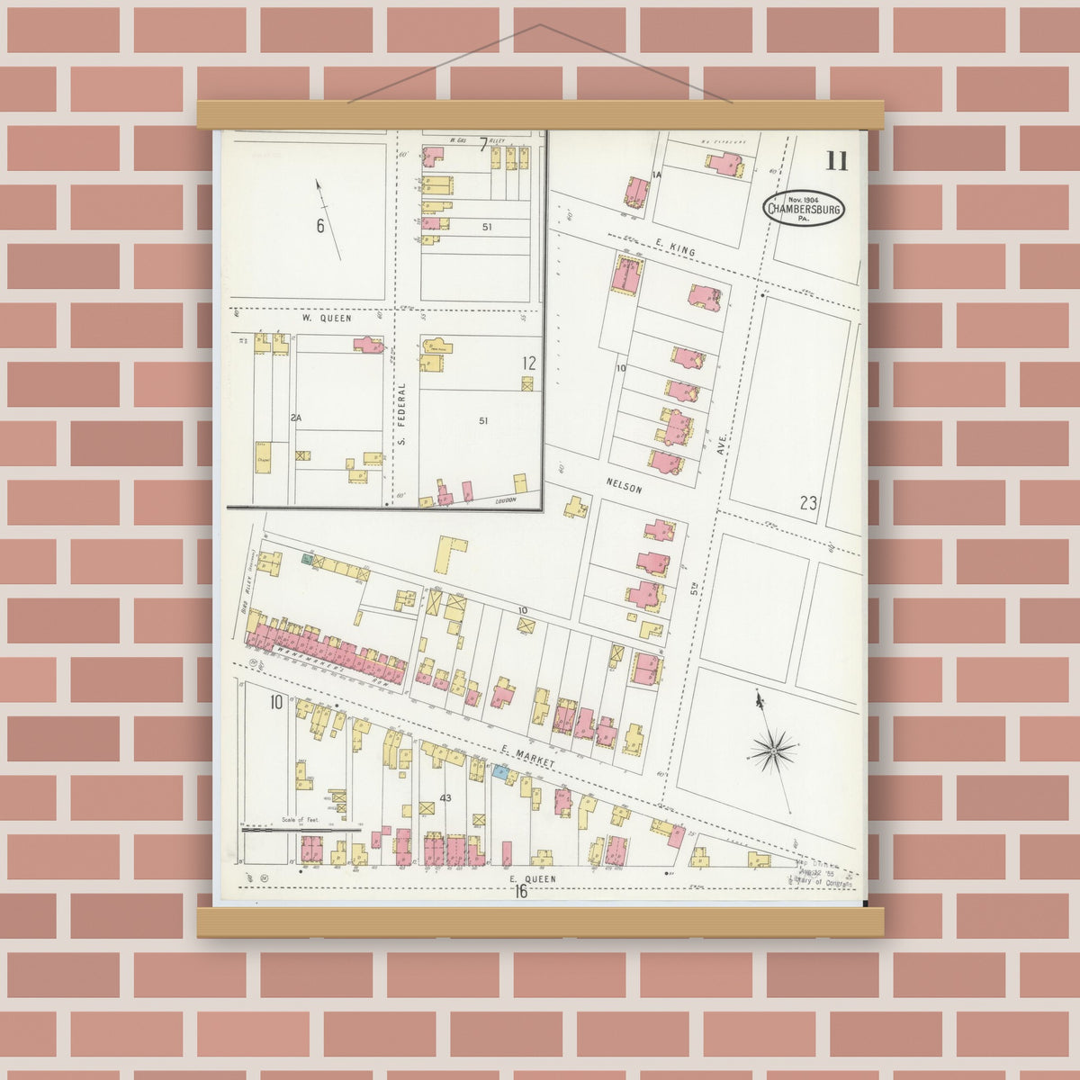 Old map wall art mockup — magnetic wood frame on brick wall — Sanborn Fire Insurance Map from Chambersburg, Franklin County, Pennsylvania (1904), Sheet #0011