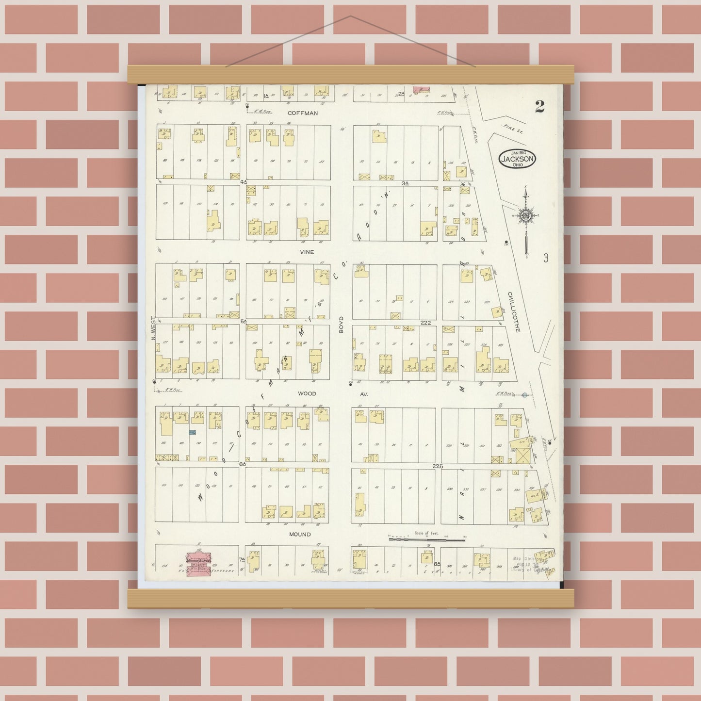 Old map wall art mockup — magnetic wood frame on brick wall — Sanborn Fire Insurance Map from Jackson, Jackson County, Ohio (1914), Sheet #0002