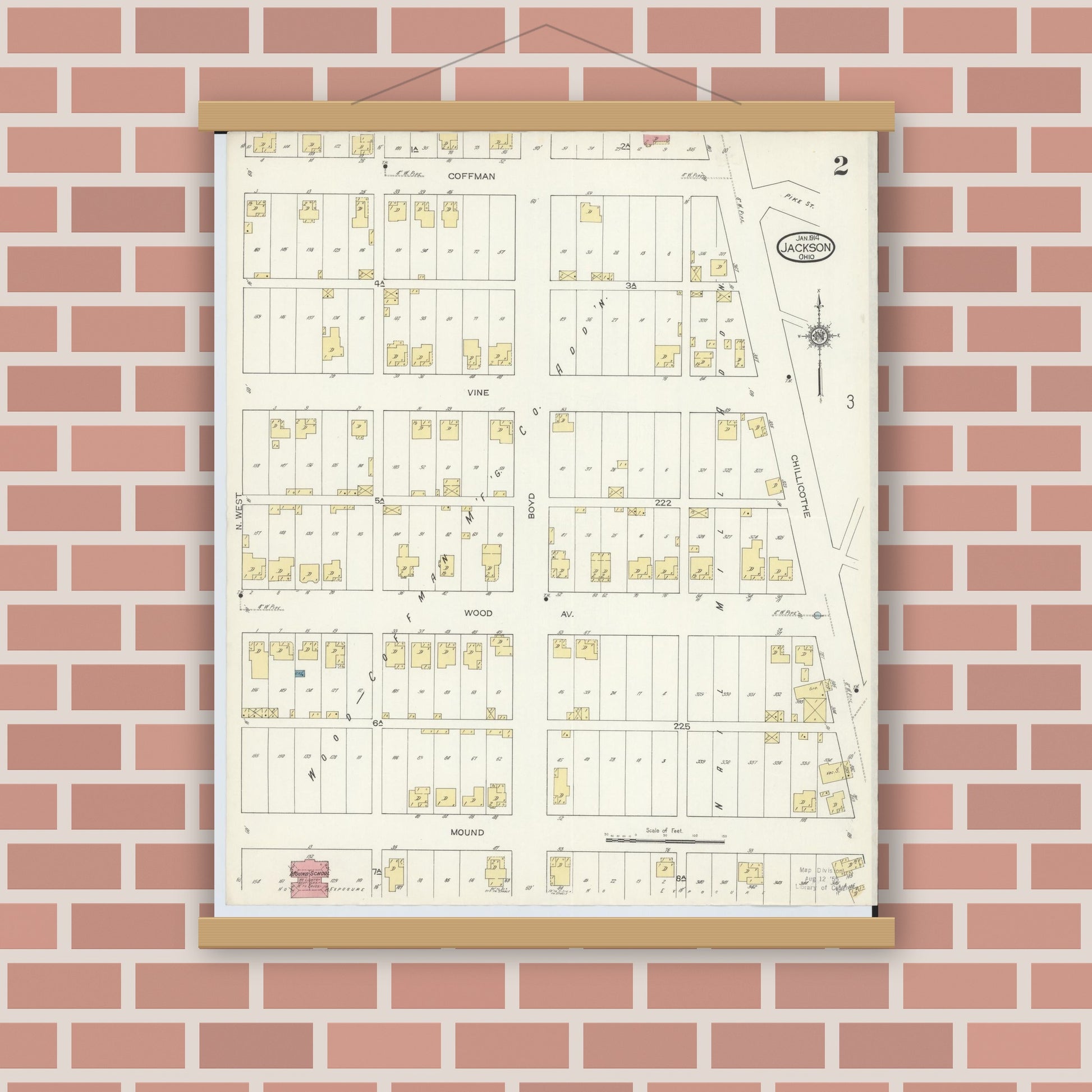 Old map wall art mockup — magnetic wood frame on brick wall — Sanborn Fire Insurance Map from Jackson, Jackson County, Ohio (1914), Sheet #0002