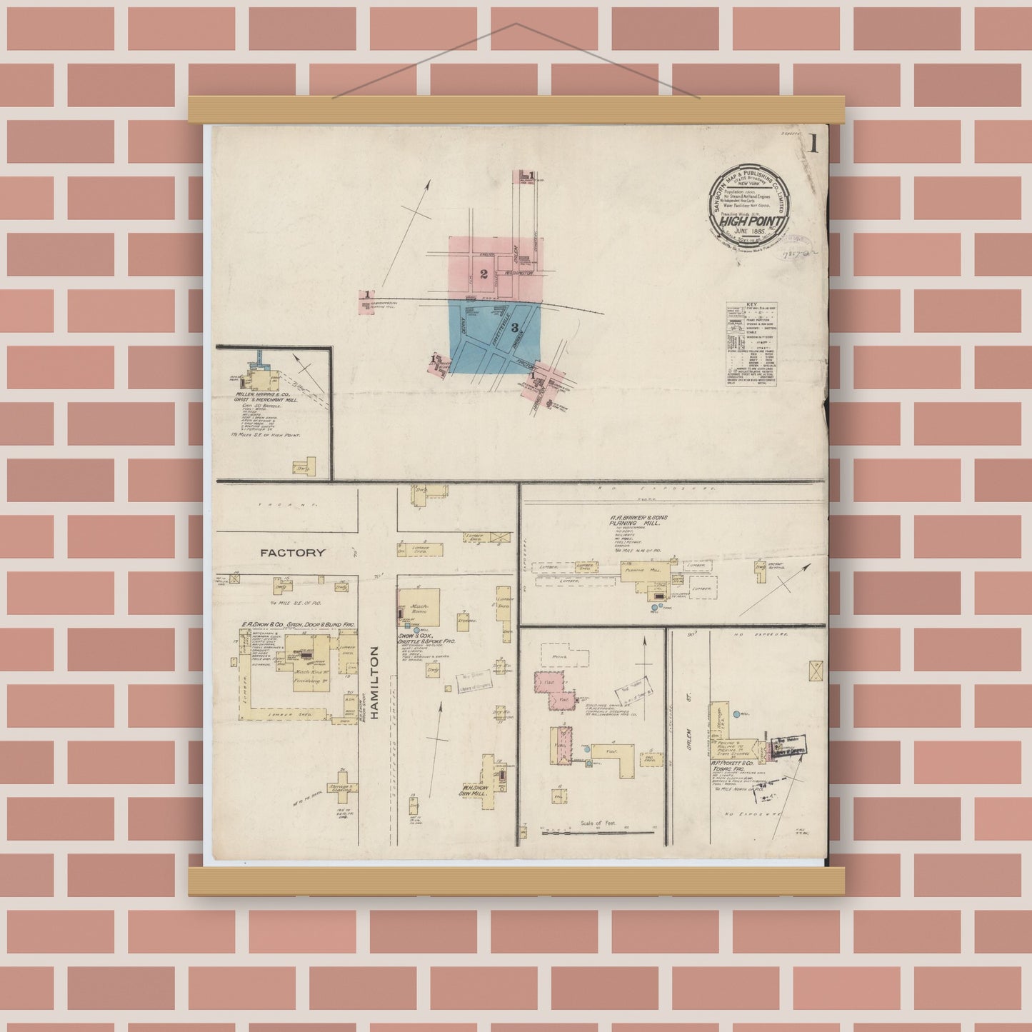 Old map wall art mockup — magnetic wood frame on brick wall — Sanborn Fire Insurance Map from High Point, Guilford County, North Carolina (1885) - Complete Map Set