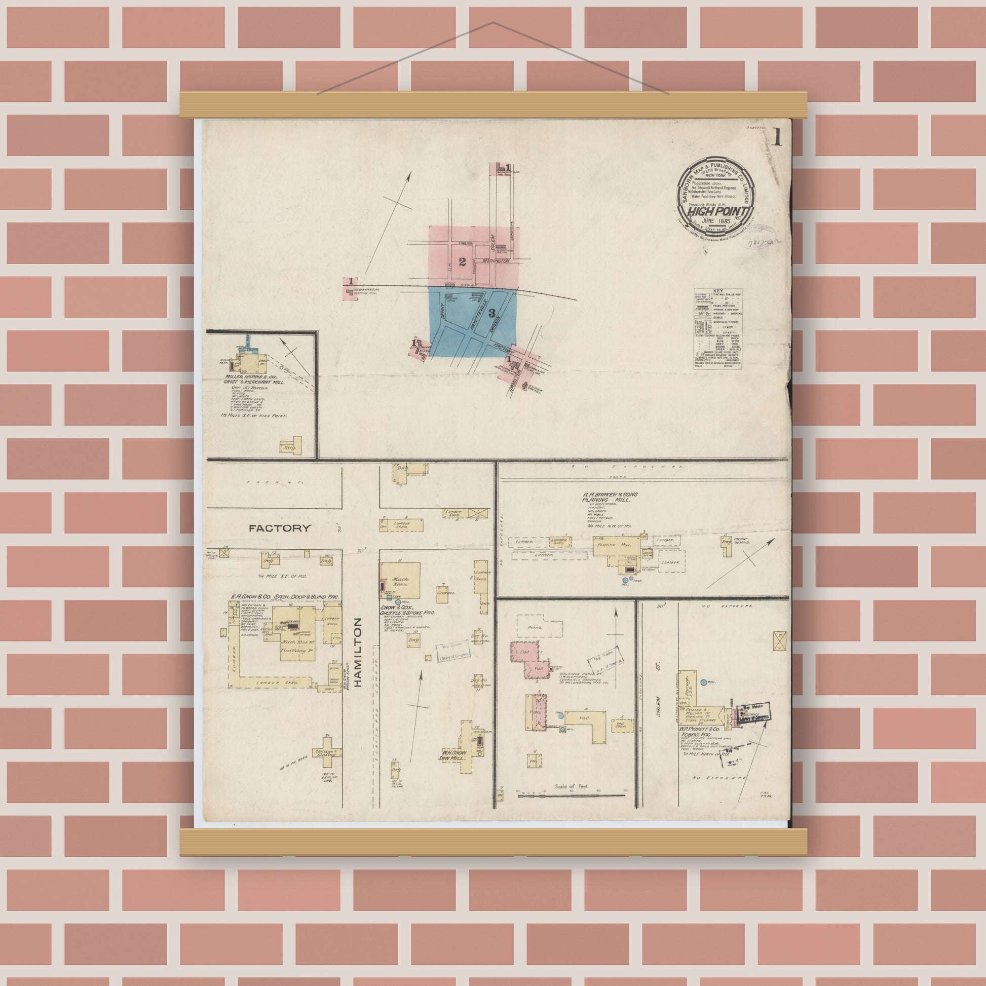 Old map wall art mockup — magnetic wood frame on brick wall — Sanborn Fire Insurance Map from High Point, Guilford County, North Carolina (1885) - Complete Map Set