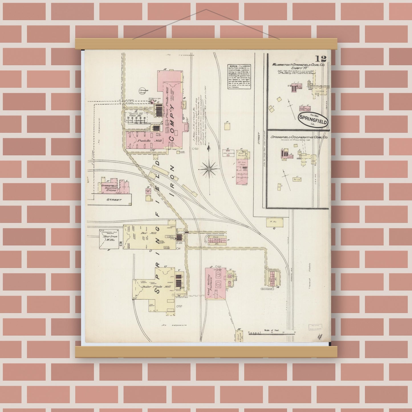 Old map wall art mockup — magnetic wood frame on brick wall — Sanborn Fire Insurance Map from Springfield, Sangamon County, Illinois (1884), Sheet #0012