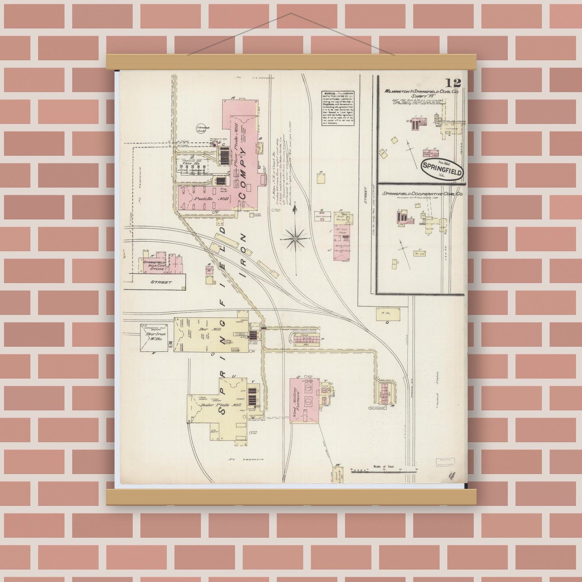 Old map wall art mockup — magnetic wood frame on brick wall — Sanborn Fire Insurance Map from Springfield, Sangamon County, Illinois (1884), Sheet #0012