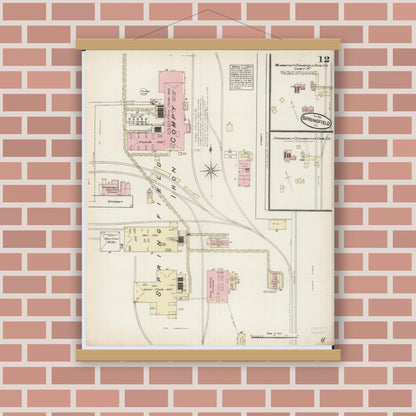 Old map wall art mockup — magnetic wood frame on brick wall — Sanborn Fire Insurance Map from Springfield, Sangamon County, Illinois (1884), Sheet #0012