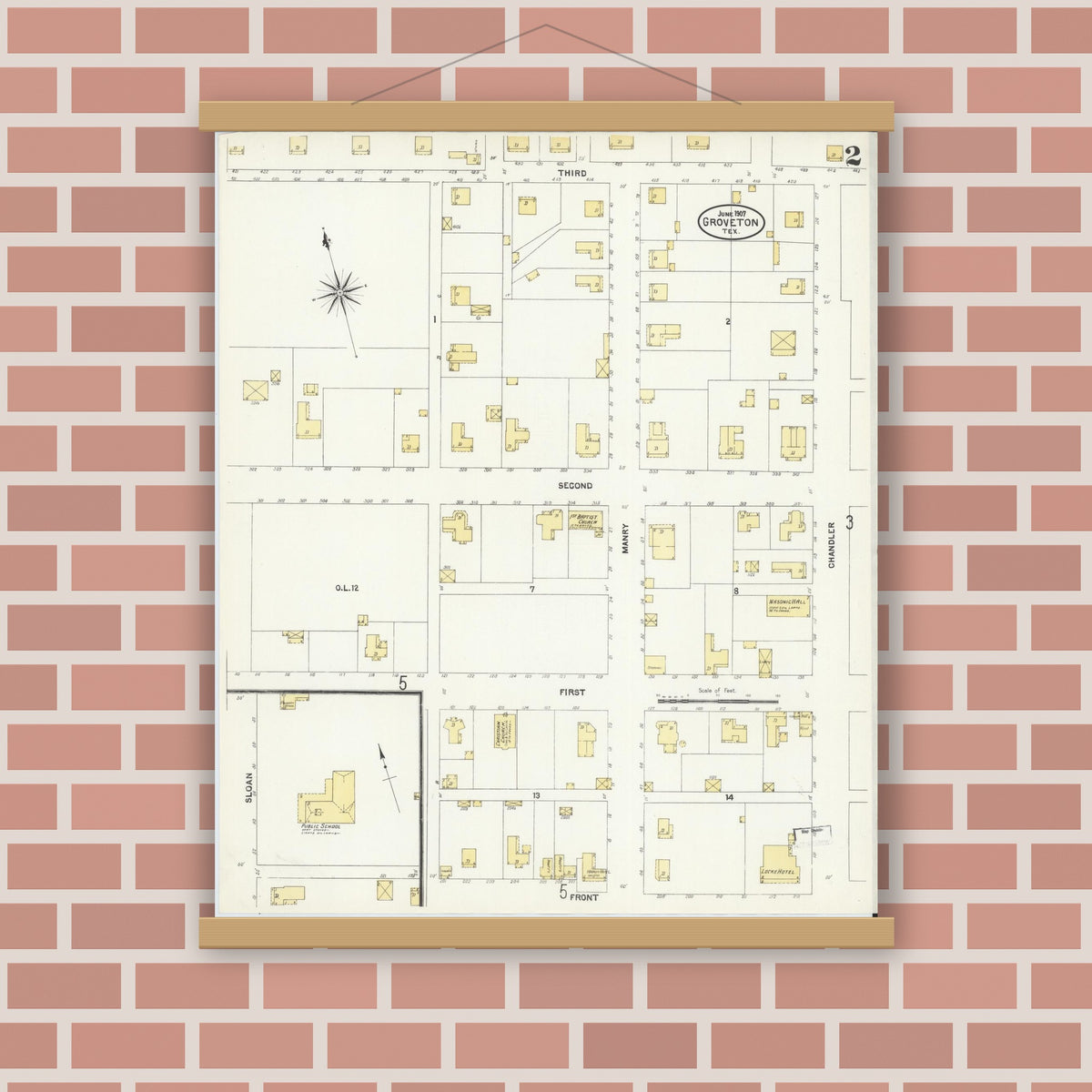 Old map wall art mockup — magnetic wood frame on brick wall — Sanborn Fire Insurance Map from Groveton, Trinity County, Texas (1907), Sheet #0002
