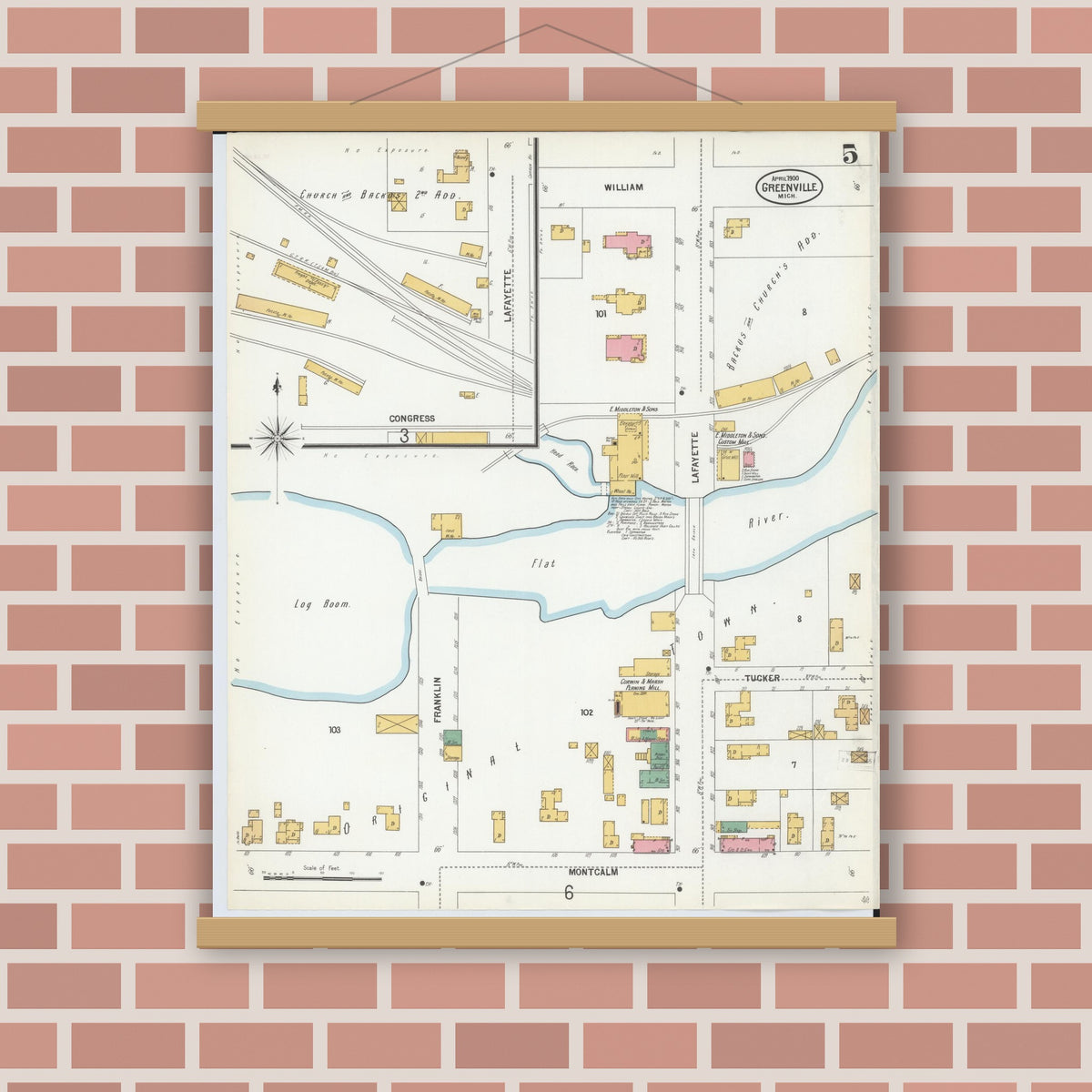 Old map wall art mockup — magnetic wood frame on brick wall — Sanborn Fire Insurance Map from Greenville, Montcalm County, Michigan (1900), Sheet #0005
