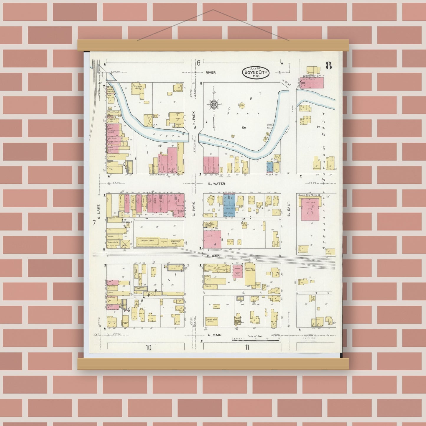Old map wall art mockup — magnetic wood frame on brick wall — Sanborn Fire Insurance Map from Boyne City, Charlevoix County, Michigan (1911), Sheet #0008