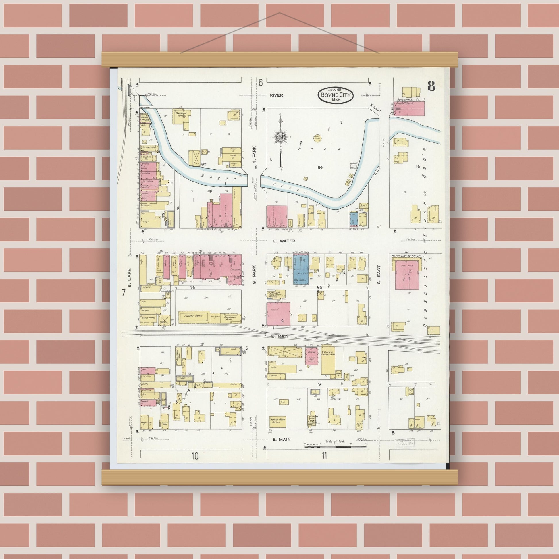 Old map wall art mockup — magnetic wood frame on brick wall — Sanborn Fire Insurance Map from Boyne City, Charlevoix County, Michigan (1911), Sheet #0008
