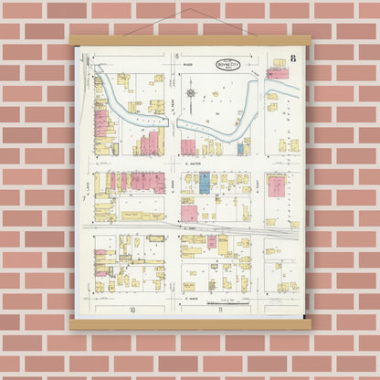Old map wall art mockup — magnetic wood frame on brick wall — Sanborn Fire Insurance Map from Boyne City, Charlevoix County, Michigan (1911), Sheet #0008