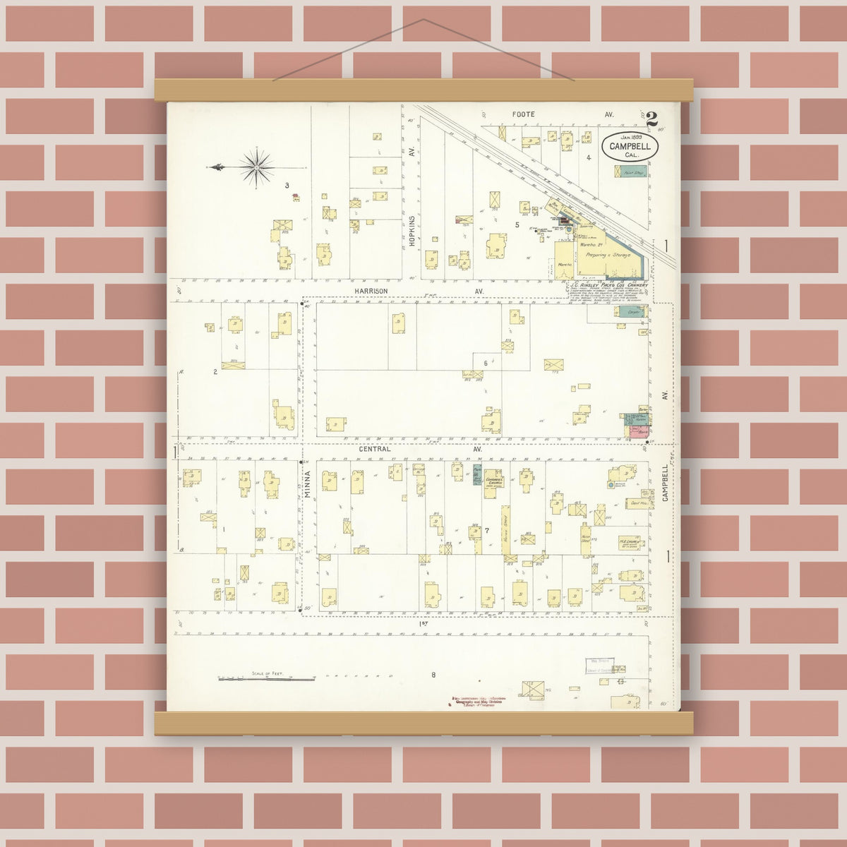 Old map wall art mockup — magnetic wood frame on brick wall — Sanborn Fire Insurance Map from Campbell, Santa Clara County, California (1899), Sheet #0002