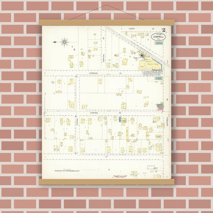 Old map wall art mockup — magnetic wood frame on brick wall — Sanborn Fire Insurance Map from Campbell, Santa Clara County, California (1899), Sheet #0002