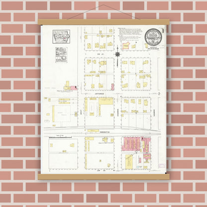 Old map wall art mockup — magnetic wood frame on brick wall — Sanborn Fire Insurance Map from Prairie City, Jasper County, Iowa (1916) â€” Complete Set