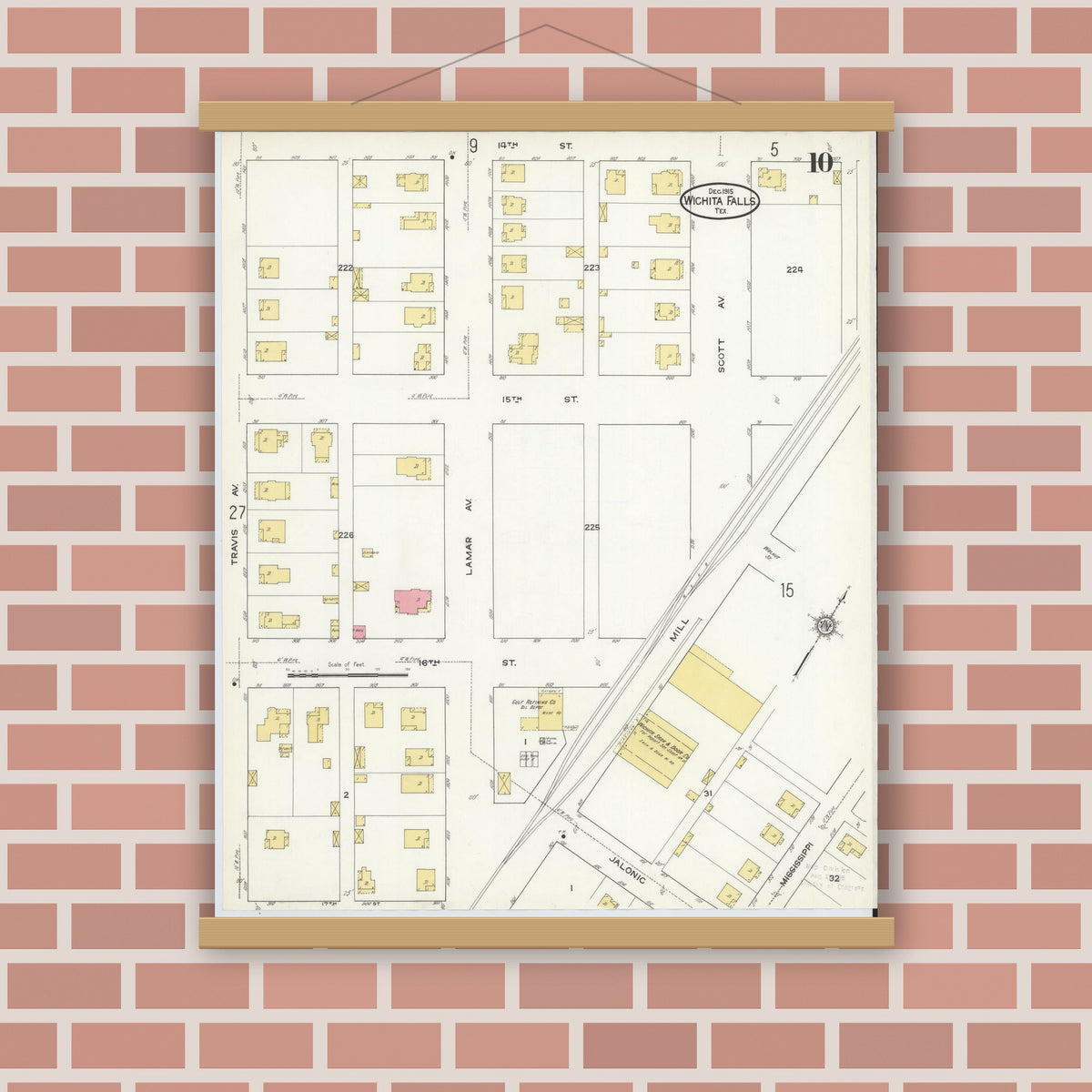 Old map wall art mockup — magnetic wood frame on brick wall — Sanborn Fire Insurance Map from Wichita Falls, Wichita County, Texas (1915), Sheet #0010