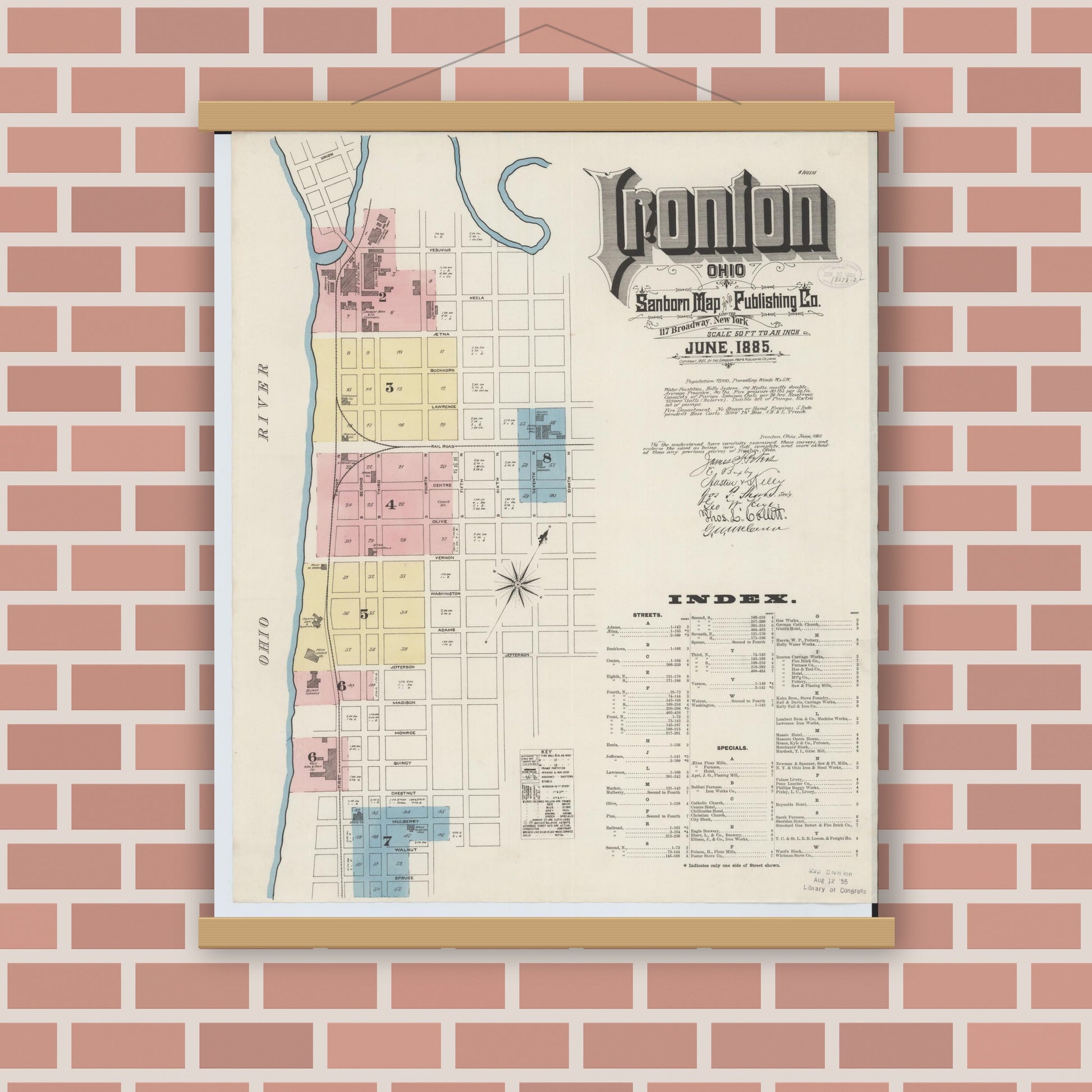 Old map wall art mockup — magnetic wood frame on brick wall — Sanborn Fire Insurance Map from Ironton, Lawrence County, Ohio (1885), Sheet #0001