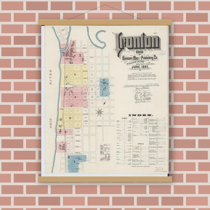 Old map wall art mockup — magnetic wood frame on brick wall — Sanborn Fire Insurance Map from Ironton, Lawrence County, Ohio (1885), Sheet #0001