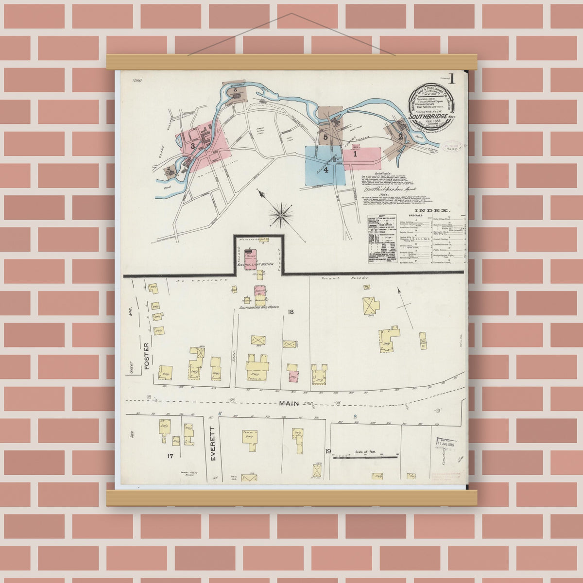 Old map wall art mockup — magnetic wood frame on brick wall — Sanborn Fire Insurance Map from Southbridge, Worcester County, Massachusetts (1888), Sheet #0001