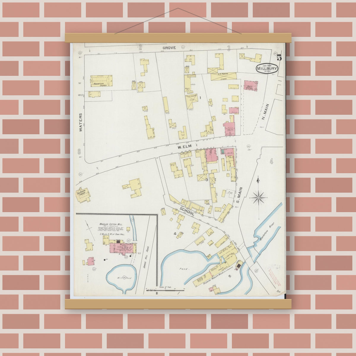 Old map wall art mockup — magnetic wood frame on brick wall — Sanborn Fire Insurance Map from Millbury, Worcester County, Massachusetts (1894), Sheet #0005