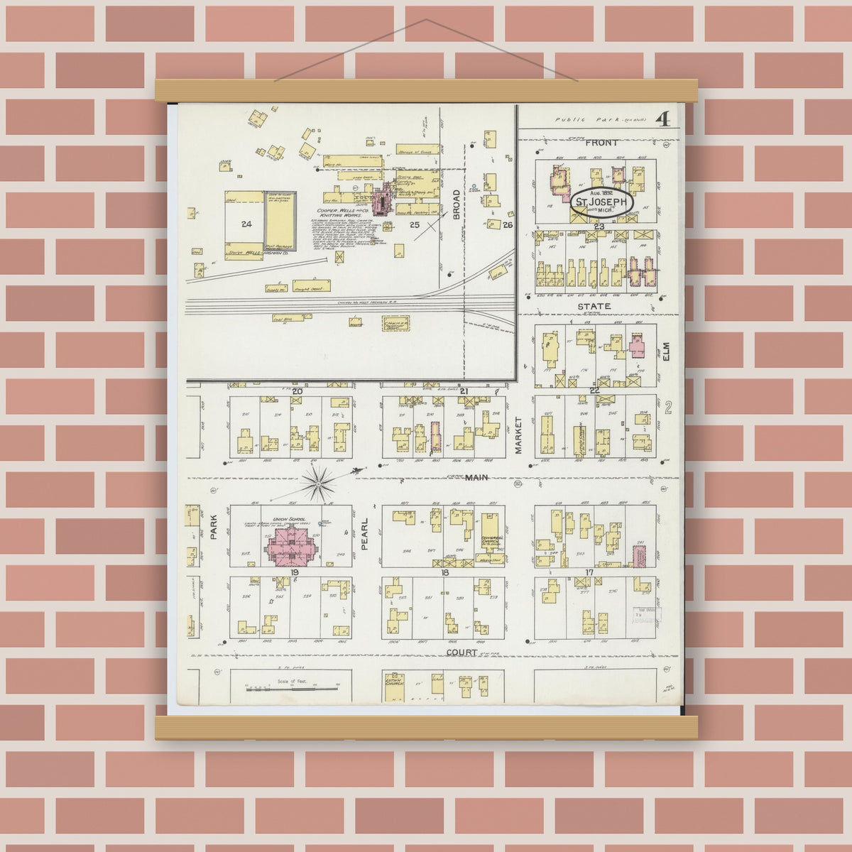 Old map wall art mockup — magnetic wood frame on brick wall — Sanborn Fire Insurance Map from Saint Joseph, Berrien County, Michigan (1892), Sheet #0004