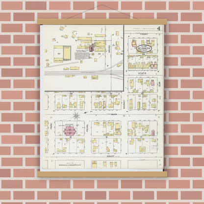 Old map wall art mockup — magnetic wood frame on brick wall — Sanborn Fire Insurance Map from Saint Joseph, Berrien County, Michigan (1892), Sheet #0004